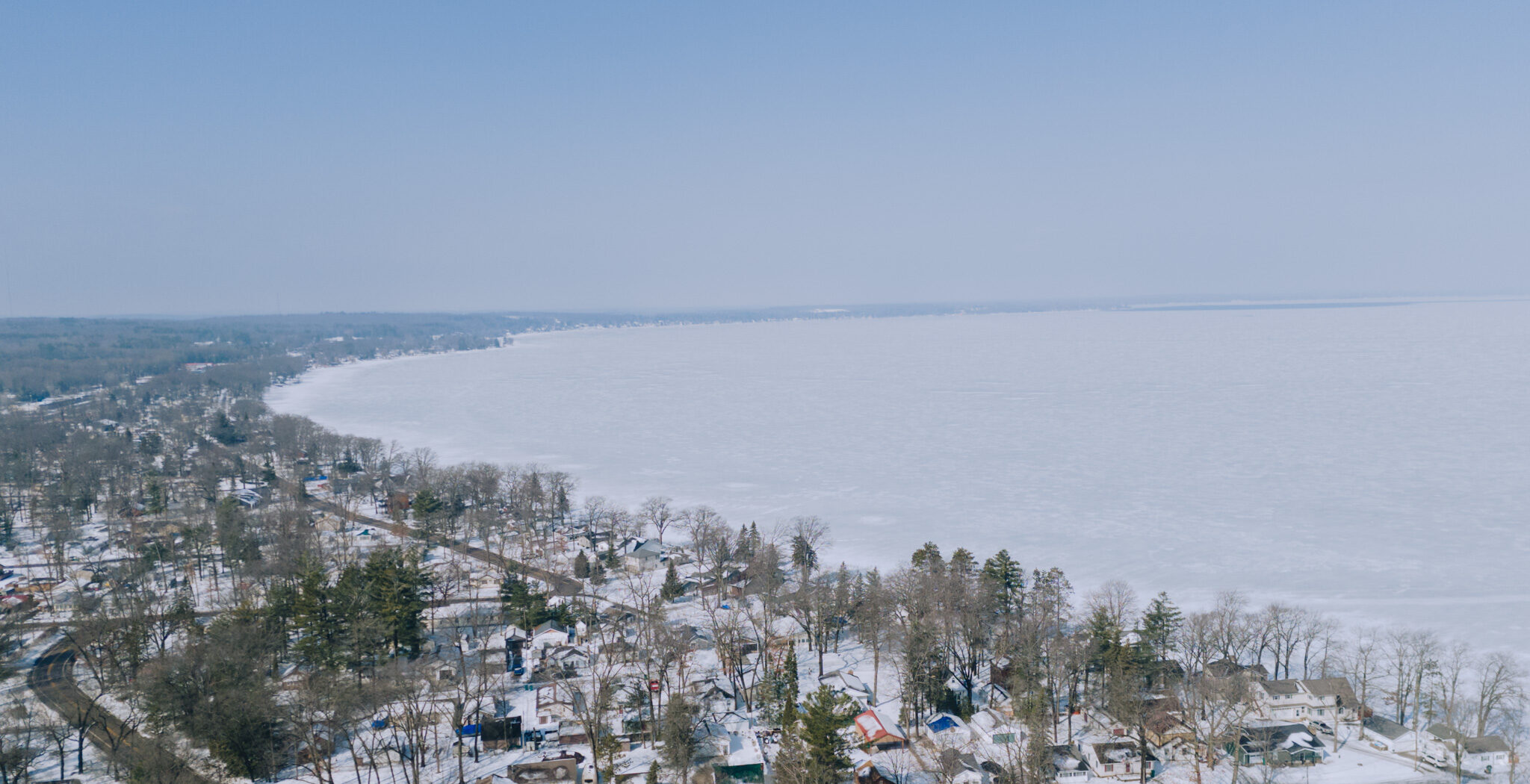 An aerial shot of snow blanketing Roscommon County, MI