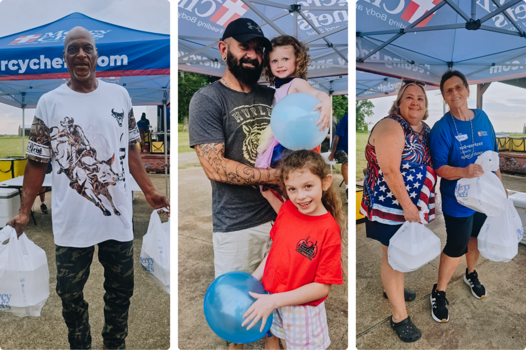 A collage of families receiving hot meals in Louisiana